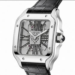 Cartier Santos Skeleton Black Leather Strap Watch